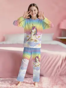 Rainbow gradient yoga unicorn 2-piece set: long-sleeved pajamas with digital printing and extended pants for girls, made of flame-retardant fabric. Casual, comfortable and soft set suitable for sleeping, home leisure, Loungewear