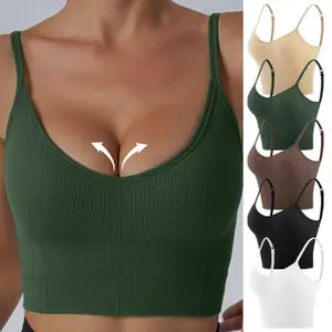 Women's Padded Bralettes - Adjustable Spaghetti Strap Seamless Cami Bra, Longline Crop Tank Top for Sleep, Workout & Yoga with Support