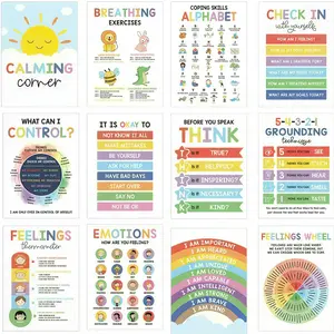 12 Calming Corner Classroom Posters Set (10x14 Inches) for Kids - Feelings Wheel Chart, Emotions Poster for Calm Down Corner, Therapy Office, Preschool & Elementary School, Social Emotional Learning SEL, Mental Health Wall Decor