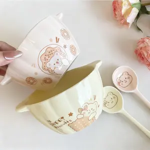 Cute Pumpkin Ceramic Bowl Set with Spoon, Salad Fruit Soup Bowl, Microwave Safe Kitchenware, Halloween Christmas Tableware, Ceramic Salad Bowls, Bowl with Handle