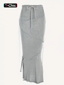 Solid Drawstring Split Side Tassel Sweater Skirt, Elegant Fashion Casual Tie Side Pencil Skirt for Daily Outdoor Wear, Women Knitwear Womenswear for Spring Fall Bottoms