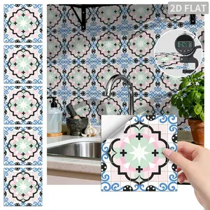 24PCS/Box FHZ Classic Art Pastel Floral Peel and Stick Tile, Pink Green Vintage French PET Matte Waterproof Oil-Proof Removable Wall Sticker for Kitchen Bathroom