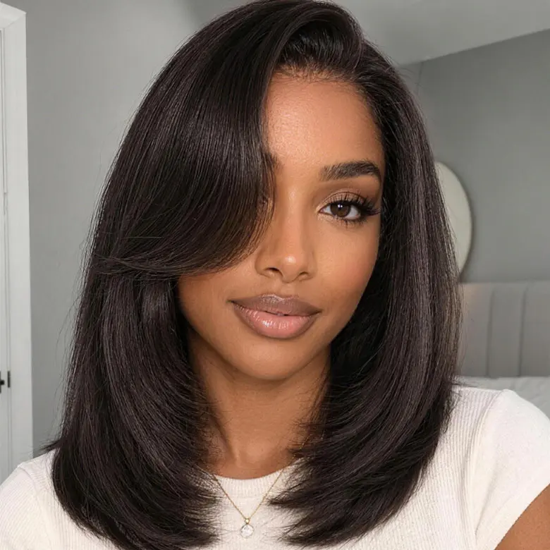 UNice Women's 100% Human Hair Lace Closure Wig - 6x4 Pre-Cut Glueless Closure, Side Part Lace, Straight Cut Blunt Layered, Pre Styled Rachel-Inspired Shoulder-Length, Beginner Friendly