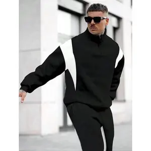 Men's Colorblock Zip Up Half Placket Sweatshirt, Regular Fit Casual Long Sleeve Stand Collar Pullover for Spring & Fall, Fashion Men's Clothes for Daily Wear
