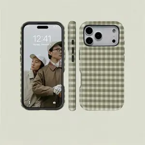 Sage Green Gingham Hybrid Shockproof Phone Case, Hard Shell + Soft Inner Layer Protective Cover, Minimalist Cottagecore Aesthetic Accessory for iPhone & Samsung Slim Stripe