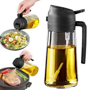 YRRAMATE 16oz/470ml Glass Olive Oil Sprayer for Cooking with Stickers, 2 in 1 Oil Dispenser for Kitchen Gadgets, Food Grade Premium Spray Bottle with Portion Control for Salad, Frying, BBQ (Black)