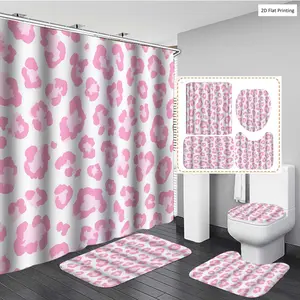 1/3/4PCS Cute Pink Leopard print with Soft Shower Curtain Set with Rugs, Non Slip Bath Mat, U-Shape Carpet, Toilet Lid Cover, Bathtub Curtain Accessories, 12 Hooks, Home Bathroom Festival Decor