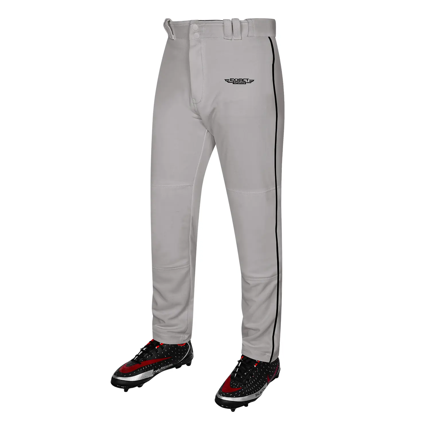 Exxact Sports Boys' Full-Length Semi-Relaxed Fit Open-Bottom Polyester Baseball Pants - Grey/Black Piping, Solid, Elastic Waistband, Lightweight, Breathable, Reinforced Knee, Snap, Durable, Machine Wash, All-Seasons Game Day Pants with 1-Month Support