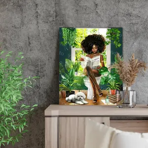 African American Bathroom Decor Wall Art Green Botanical Black Girl Pictures Canvas Wall Decor Fashion Modern Black Woman Framed Artwork For Bathroom Bedroom 12"x16" Ornaments Photo