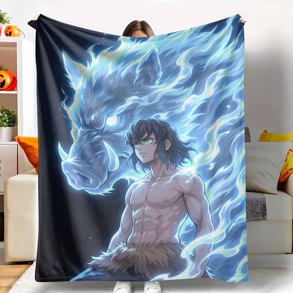 Demon Slayer Inosuke Hashibira Fleece Flannel Blanket - Fierce Blue Spirit Beast Print, Ultrasoft, Lightweight, Durable, Breathable, Hypoallergenic - Ideal for Couch/Bed Use, Anime Fan Gifts