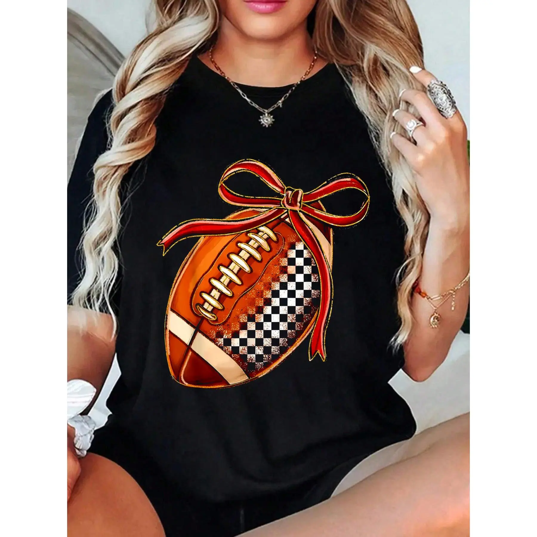 Checkered Football Coquette Bow Game Day Touchdown Season T-Shirt