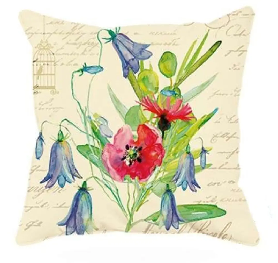 Houston International Trading RH-412 S-2 Square Shape Reversible Indoor-Outdoor Throw Pillow Set of 2, 18x18 in., Polyester Blend Insert, Antique Beige-Blue-Red Flower, Zipper Closure, Room Decor, House Decor