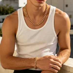 YM 18K Gold-Plated Cuban Link Jewelry Set - Gold-Silver Plated Miami Chain Necklace and Bracelet, Hip Hop Fashion Accessory for Men