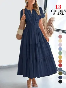 Women's Summer 2026 Casual Maxi Dress Lightweight Short Sleeve V Neck Boho Bohemian Womenswear Dress with Pockets #Outdoorfun