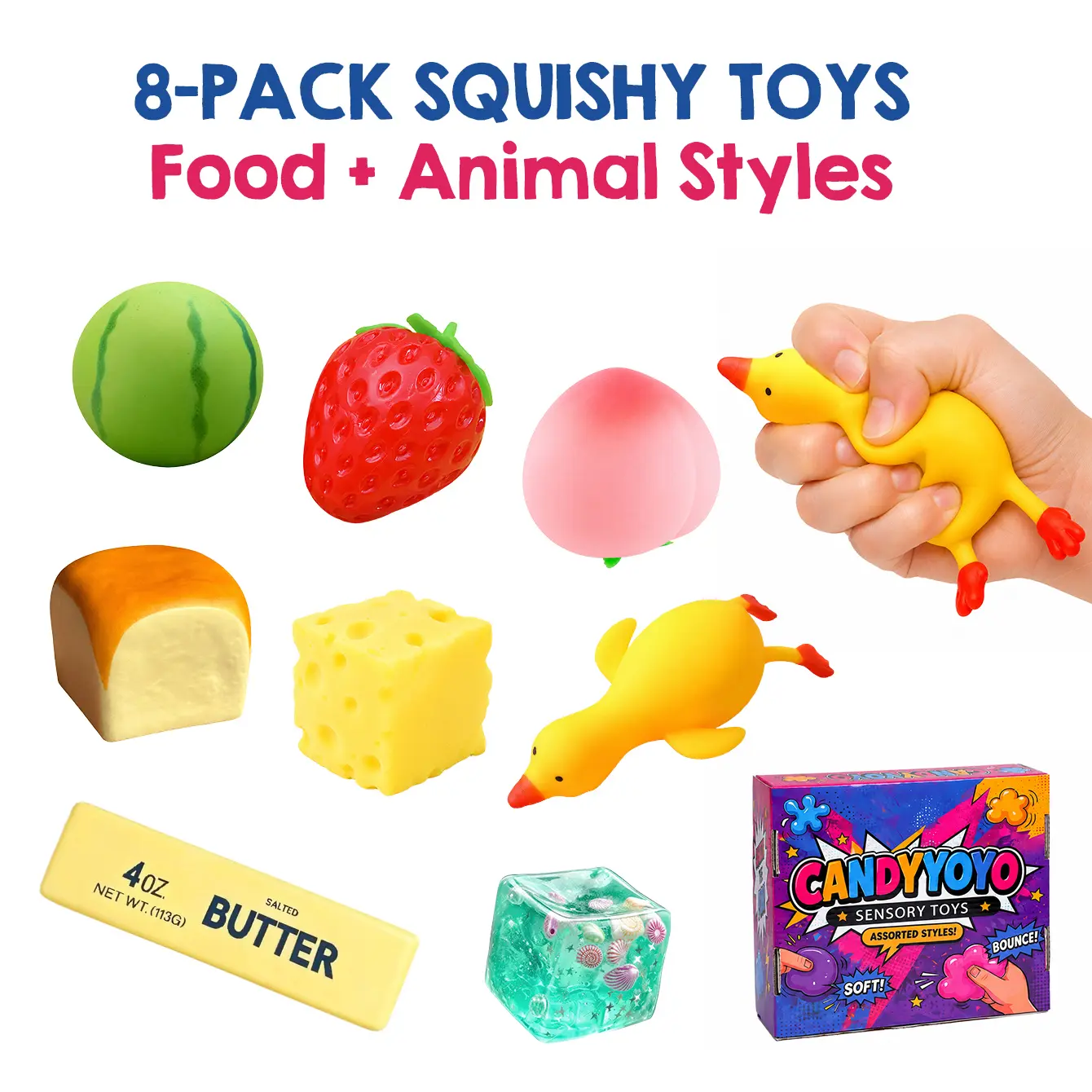 8 Pack Squishy Toys, Food and Animal Style Squeeze Toy Set with Colorful Fruit, Bread, Cheese, Butter and Animal Shapes, Handheld Sensory Play Toys for Desk, Home and Tabletop Use, Assorted Designs for Collection