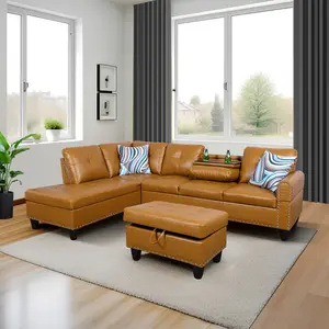 3-Piece  Comfy Ginger Faux Leather Sofa Set, Breathable Upholstered Living Room Couch, Durable & Stain-Resistant Furniture for Family, Easy Assembly