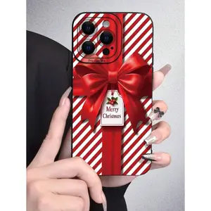 1pc Christmas Bow 2D Pattern Fashion Creative Cute Cartoon Christmas Style Gift For Family, Friends, Yourself, Couples, Black Matte Soft Case Compatible With Apple,