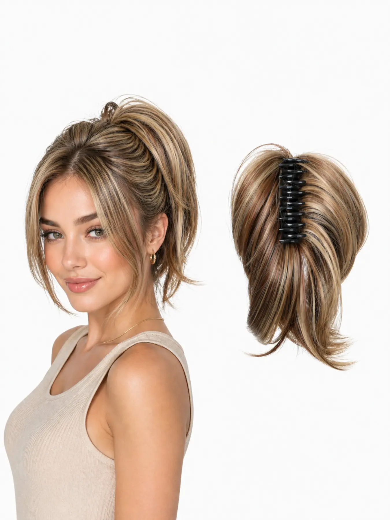 Highlighted Blonde Mix 10 Inch Claw Clip Ponytail Extension, Synthetic Ponytail Hairpieces, Short Layered Synthetic Hairpiece for Women, Easy Clip in for Instant Volume, Synthetic Hair Extensions
