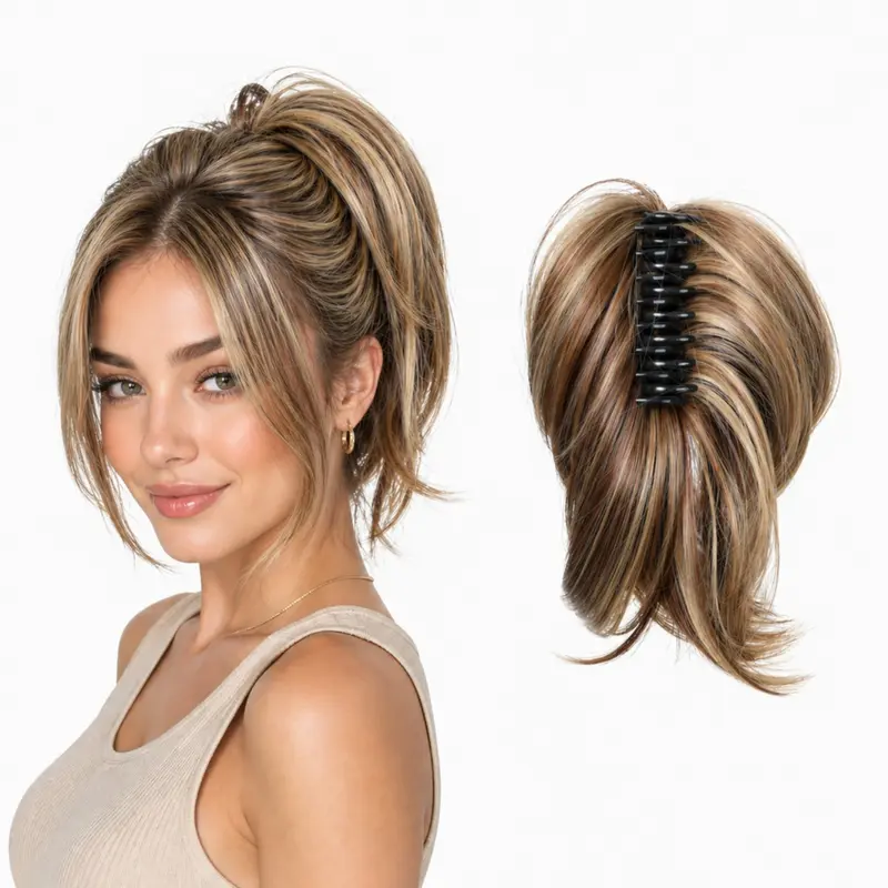 Highlighted Blonde Mix 10 Inch Claw Clip Ponytail Extension, Hairstyle Extension, Short Layered Synthetic Hairpiece for Women, Easy Clip in for Instant Volume