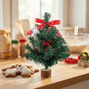 Mini Artificial Christmas Tree 11.8in, Tabletop Xmas Tree with Berries, Ribbon Bow, Wooden Base, Small Holiday Decoration for Home Office Desktop