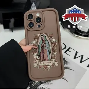 Phone Case for iPhone 15 16 14 Pro Max 13 12 11 XR XS Plus E  Virgin Mary Pattern Anti-Scratch Shockproof TPU Bumper Drop-proof Cover Cellphone Protective Casing