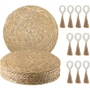 Woven Placemats Set of 10, 13.8" Natural Water Hyacinth Round Rattan Placemats with Wooden Beads Napkin Rings For Kitchen Dining Table Decor