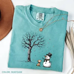 Comfort Colors Snowman And Dog Tee, Christmas Crewneck, Winter Holiday T-Shirt, Xmas Tree Shirt, Cute Snowman TShirt