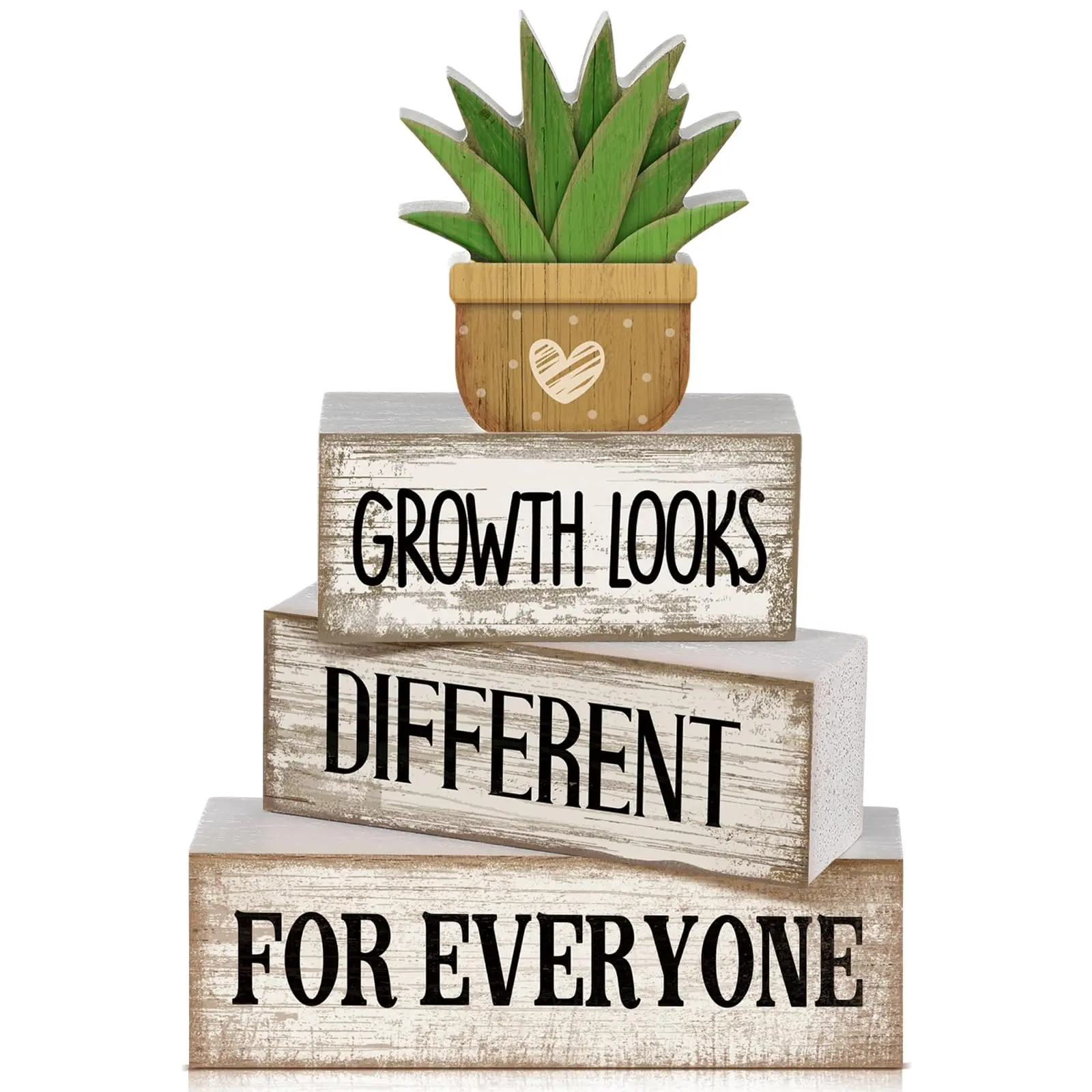 Set of 4 inspirational farmhouse dining table decor pieces. Growth looks different for everyone. Rustic stacked wooden block markers paired with motivational quotes and artificial succulents, suitable for home, office, and shelf decoration—an excellent gi