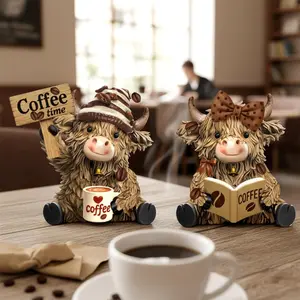 Cafe Highland Cow Resin Statue, Dwarf Theme Garden Bookshelf Decoration Home Decor, Creative Coffee Collection, Cozy Healing Gift, Resin Sculptures