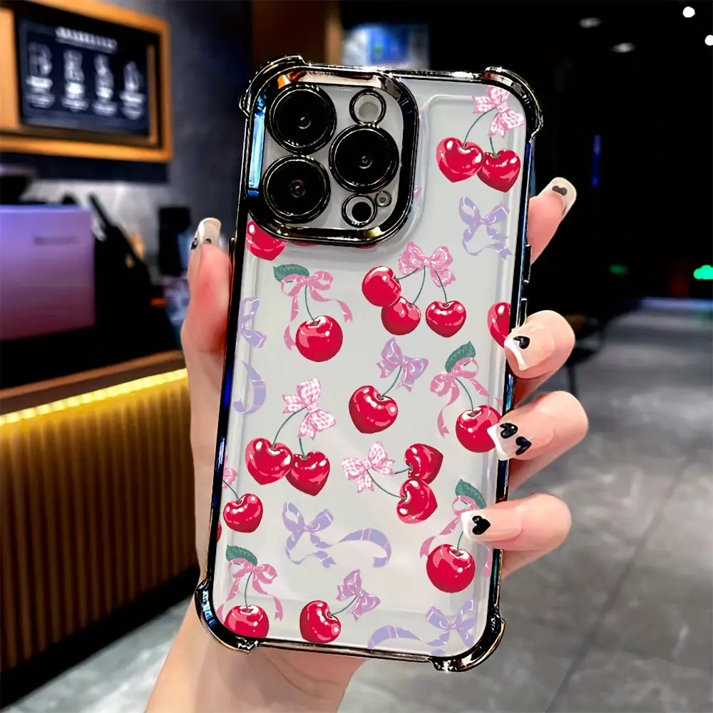 Cherry Bow Pattern Phone Cases Compatible with Samsung Galaxy S22 S23 S24 iphone 16 15 14 13 12 11 Pro Max Featuring a Transparent Soft Back Cover for Drop Protection
