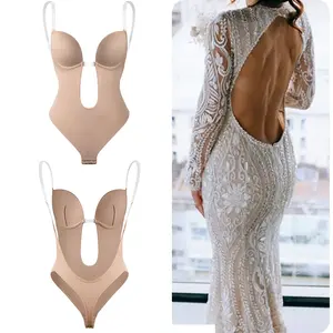 【S-2XL】Women's Backless Body Shaper Bra U Plunge  Low Back Thong Shapewear Deep V Neck Full Body Bodysuit for Wedding Party Daily Wear Womenswear Upgraded, 5 Colors Choose Minimalist Brown