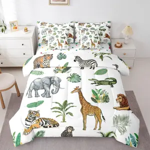 Wild Animal Bed in A Bag,7 Piece,Cartoon Elephant Giraffe Comforter Set,Safari Animals Bedding Sets,Crocodile Tiger Zebra Sheet Set