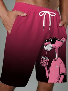 Big & tall men's gradient color cartoon print beach shorts, Swimming shorts, Bright pink Hawaiian vacation swim shorts, featuring waistband design and side pockets, machine washable summer swimwear, suitable for extra large size