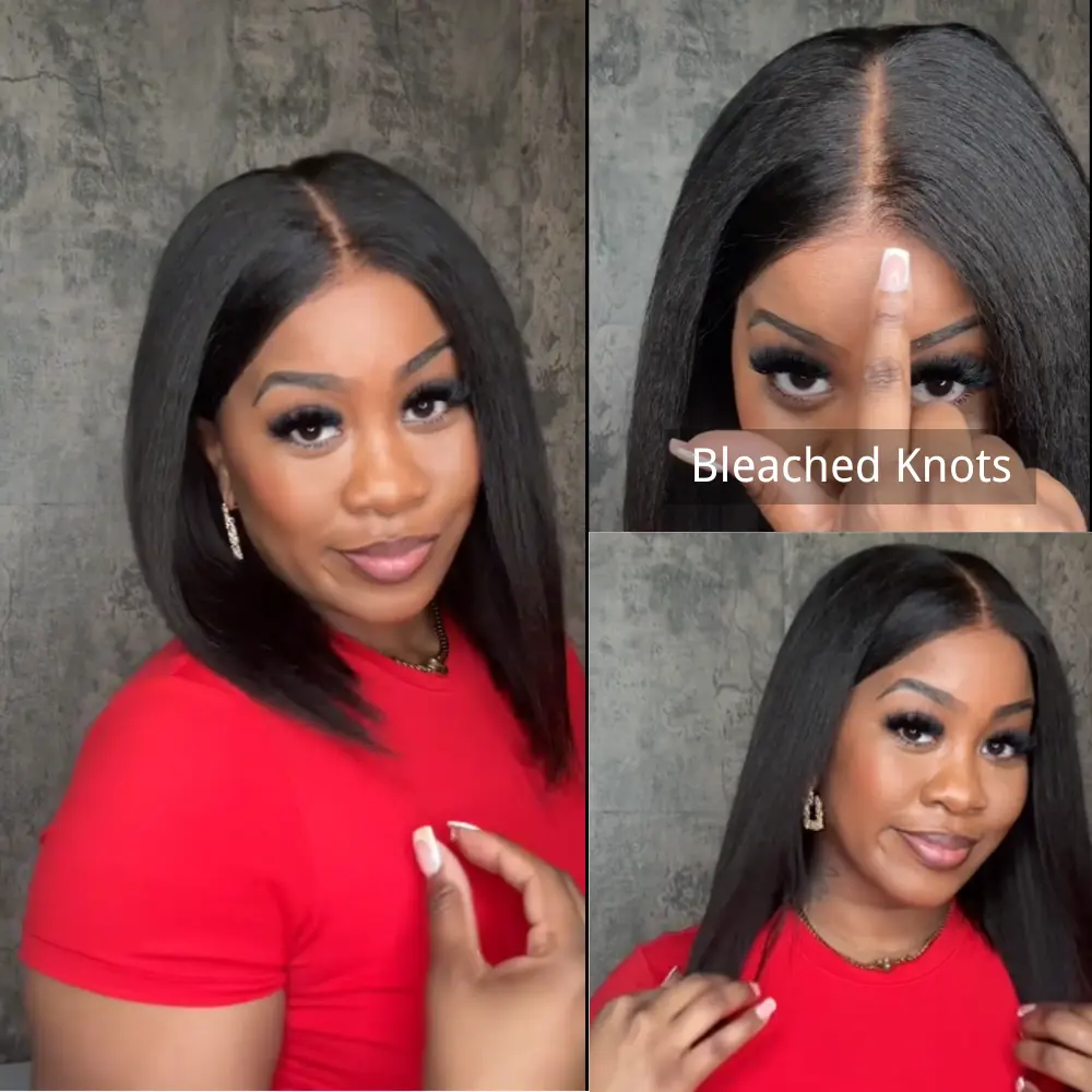 Klaiyi 7X5 Bye-Bye Knots Glueless Human Hair Yaki Straight Bob Wig, Pre-Bleached Invisible Knots, Dealsforyoudays, Glueless Wigs