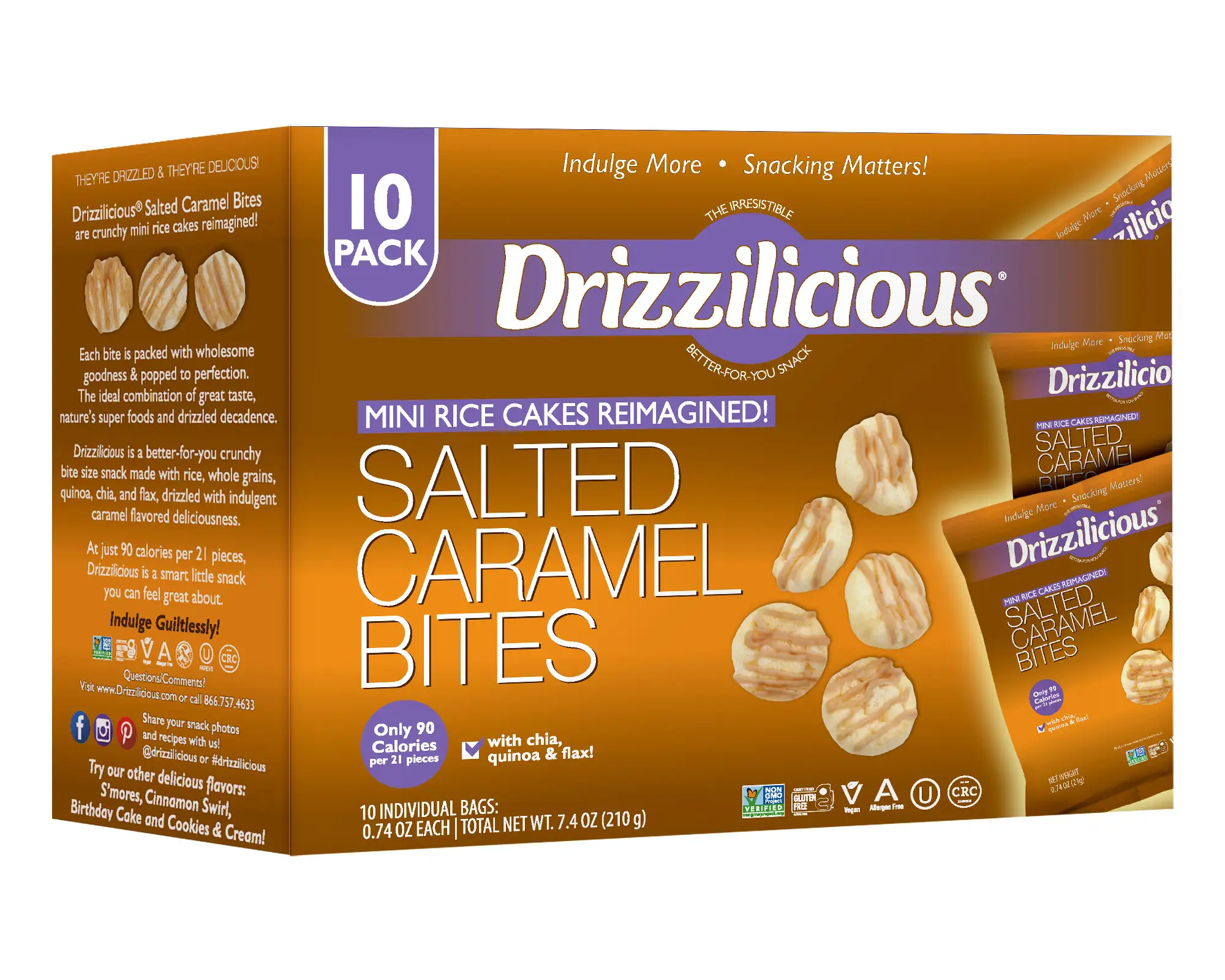 Drizzilicious Salted Caramel Mini Rice Cakes - Vegan, Gluten-Free, Crunchy & Healthy Snack, 90 Calories per Bag, 0.74 oz (Pack of 10) Tasty