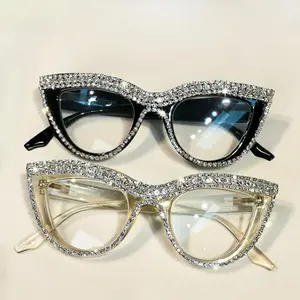Cat Eye Rhinestone Fashion Glasses for Women – Elegant Anti-Blue Light, Stylish Full-Frame Design with Sparkling Crystals, Black & Translucent Frames, Antiblue Light Protection | Decorative Eyewear | Polycarbonate Lenses