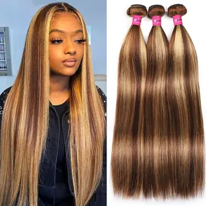 P4/27 Highlight Straight Bundles Ombre Colored Human Hair Weave Brown Brazilian Hair Weave Bundle  1 3 4PCS Quick Weave Extensions