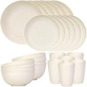 24 Piece Plates and Bowls Sets for 6, Unbreakable Dinnerware Sets, Dish Set for Camping, Dishwasher Microwave Safe, Outdoor Kitchen and Apartment Dinning RV Essentials, Beige
