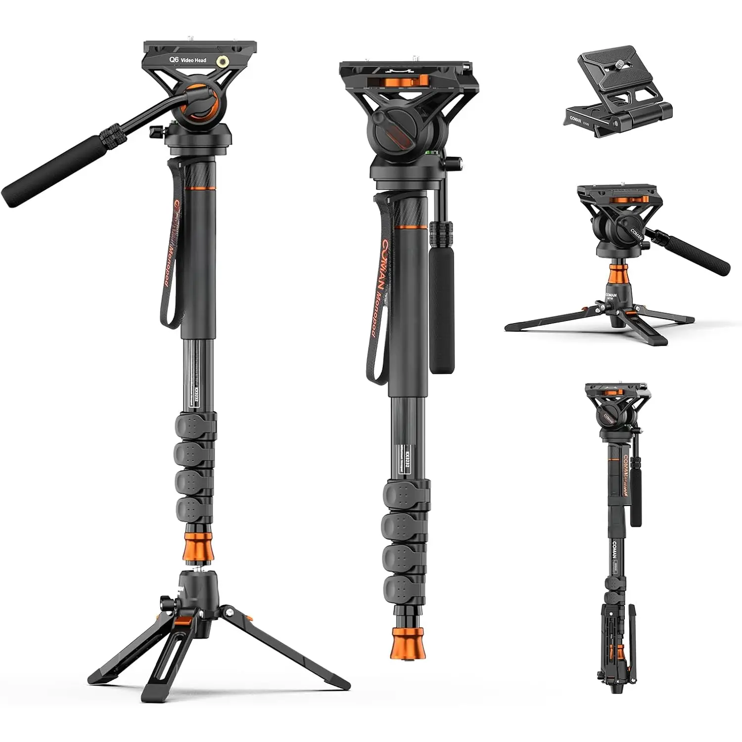 Professional Folding Alloy Camera Monopod with ft, 73.2in Adjustable Portable Travel Video Monopod with Detachable Tripod Stand Base, 22Lbs Max Load, Q6 Fluid Head Compatible with DJI RS4 Manfrotto