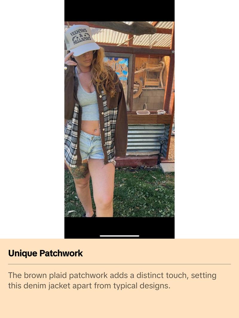 Brown Plaid Patchwork Denim Jacket