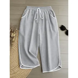 Women'S Pants, Easy Lazy Style American Retro Capri Pants, Elastic Waist Drawstring Design, Loose Contrast Trim Capri Pants, Comfortable Home Casual Trousers