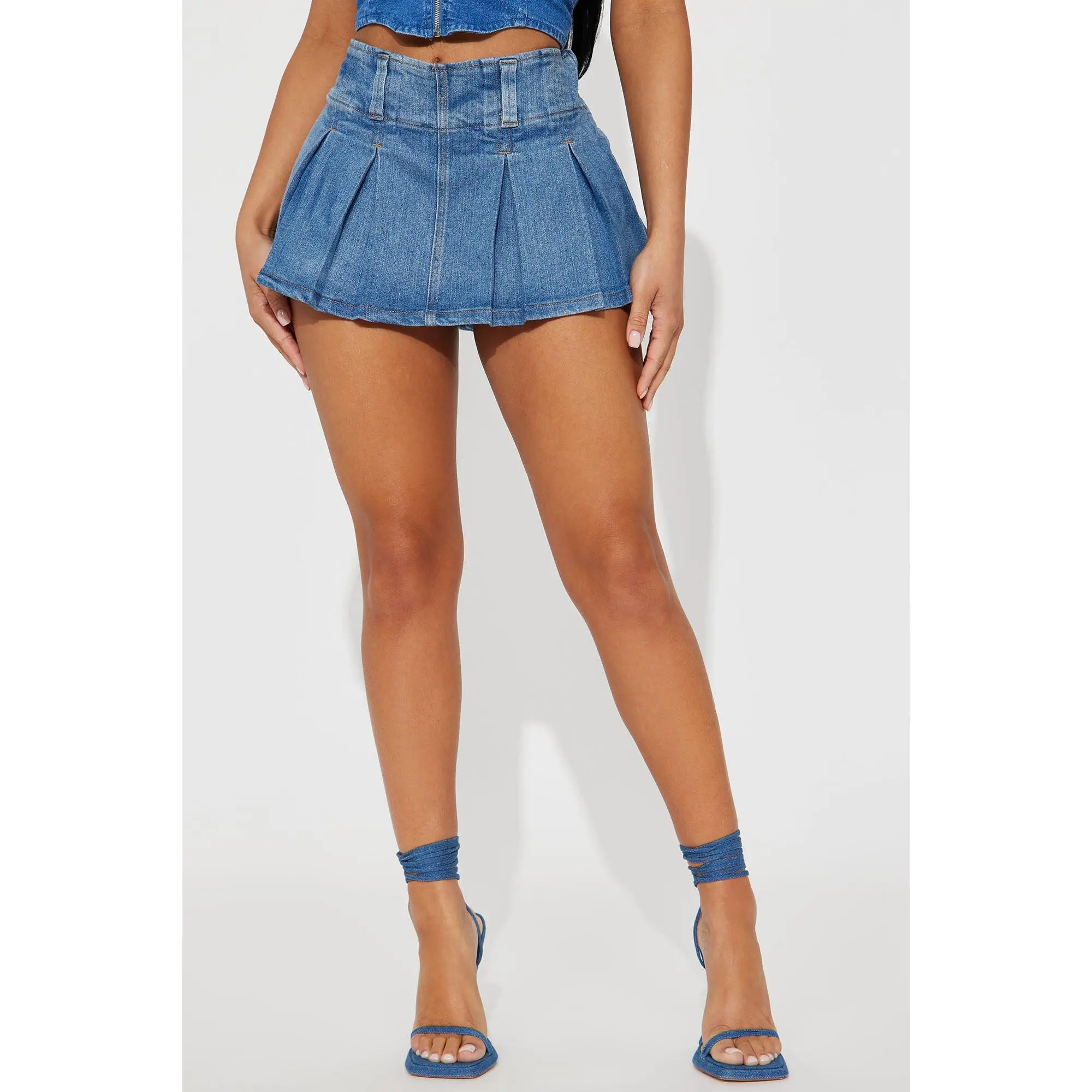 Claire Micro Mini Pleated Skort - Medium Wash