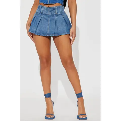 Claire Micro Mini Pleated Skort - Medium Wash