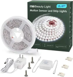 Motion Activated LED Strip Lights, 16.4ft LED Light Strip with Day or Night 2 Lighting Modes, 3 Timing Off Modes, Bright White 12v Plug-in LED Rope Lights for Under Cabinet, Kitchen