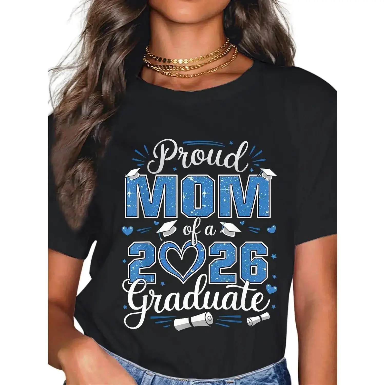 Women's Fitted Pure Cotton Graphic Tshirt - Casual Short-Sleeve Round Neck, Breathable Top for 2026 Graduates' Mothers, Graphic Print, Lady, Shortsleeve, Athletic, All Seasons, Classic, Crew Neck