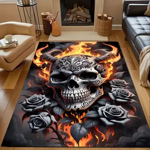 Horrifying horned skull and rose pattern home carpet for living room, bedroom, kitchen floor mat, home decoration, area rug, holiday gift for family and friends
