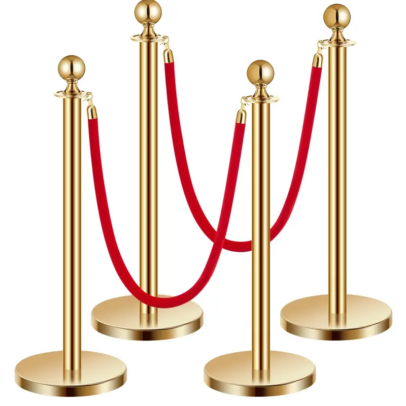 EVOR 4Pcs Crowd Control Stanchions with Velvet Ropes - Stainless Steel Posts, Hollow Bases, 2 Red Ropes - Gold Stanchions for Party Supplies, Wedding Decorations, Museum Use