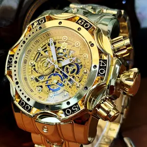 Luxury Punk Style Men's Gold Quartz Watch with Oversized Dial Small Mustache & Bold Steel Chain Perfect Gift for Parties