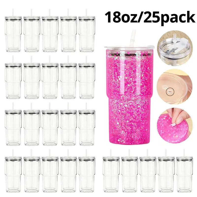 25pcs 18oz Double-Wall Acrylic Globe Tumblers with Pre-Drilled Hole, Plug, Leak-Proof Lid, Straw, Portable Washable DIY Glitter Liquid Reusable Water Bottle Plastic Drinkware