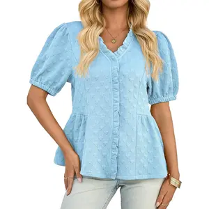 Fashare Womens Peplum Puff Sleeve Tops Dressy Casual Summer Textured Blouses V Neck Ruffle Pleated Shirts